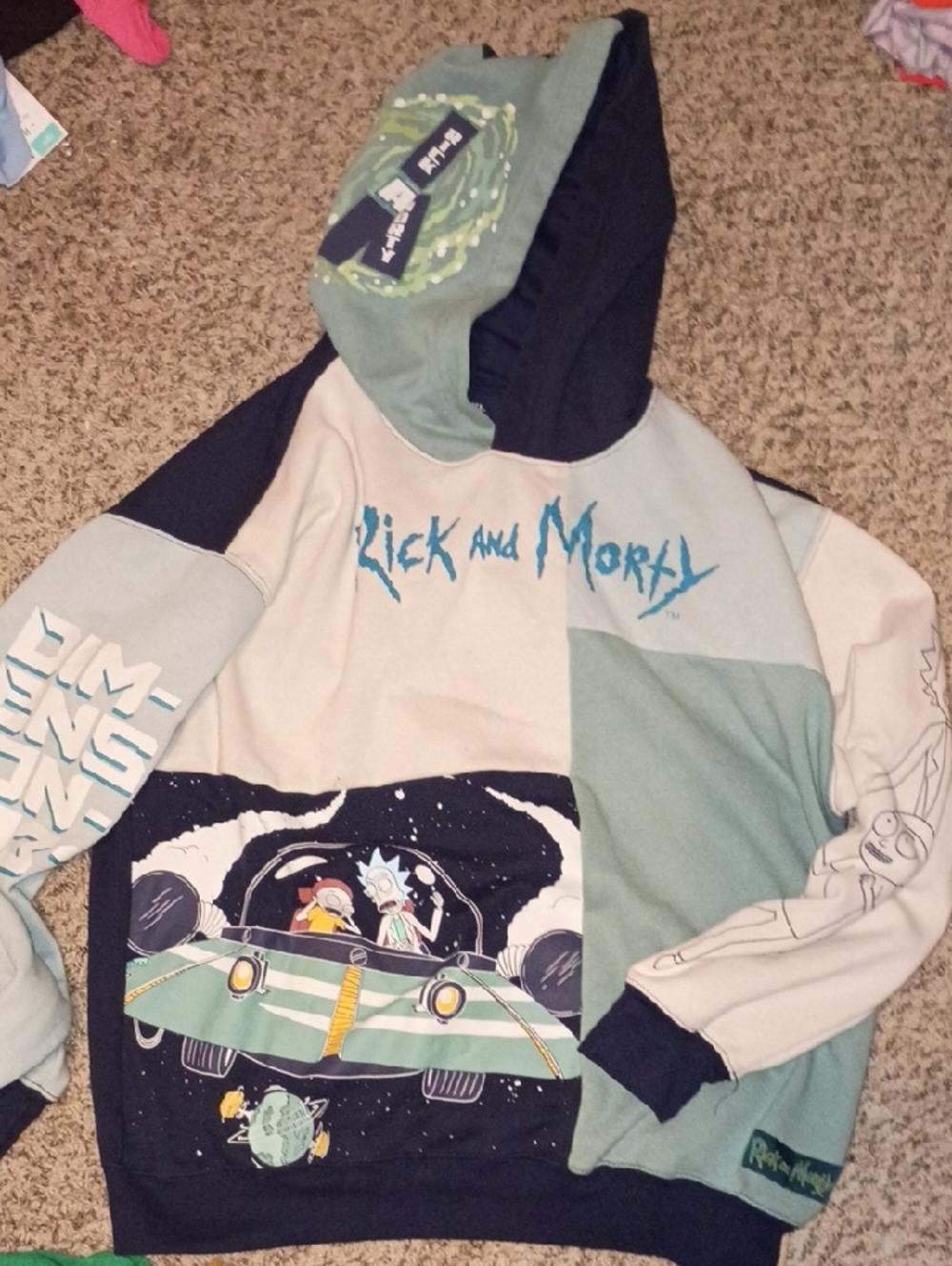 Rick and Morty Men’s Green & Black Patchwork Hoodie